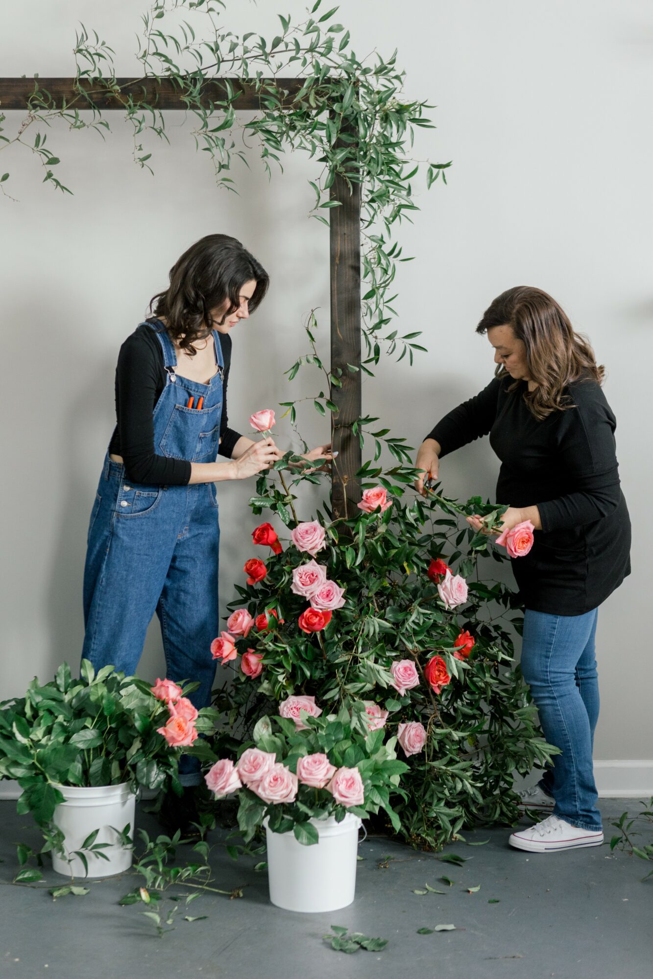 Two women arranging pink and white flowers in pots against a white wall with green foliage, indoors.