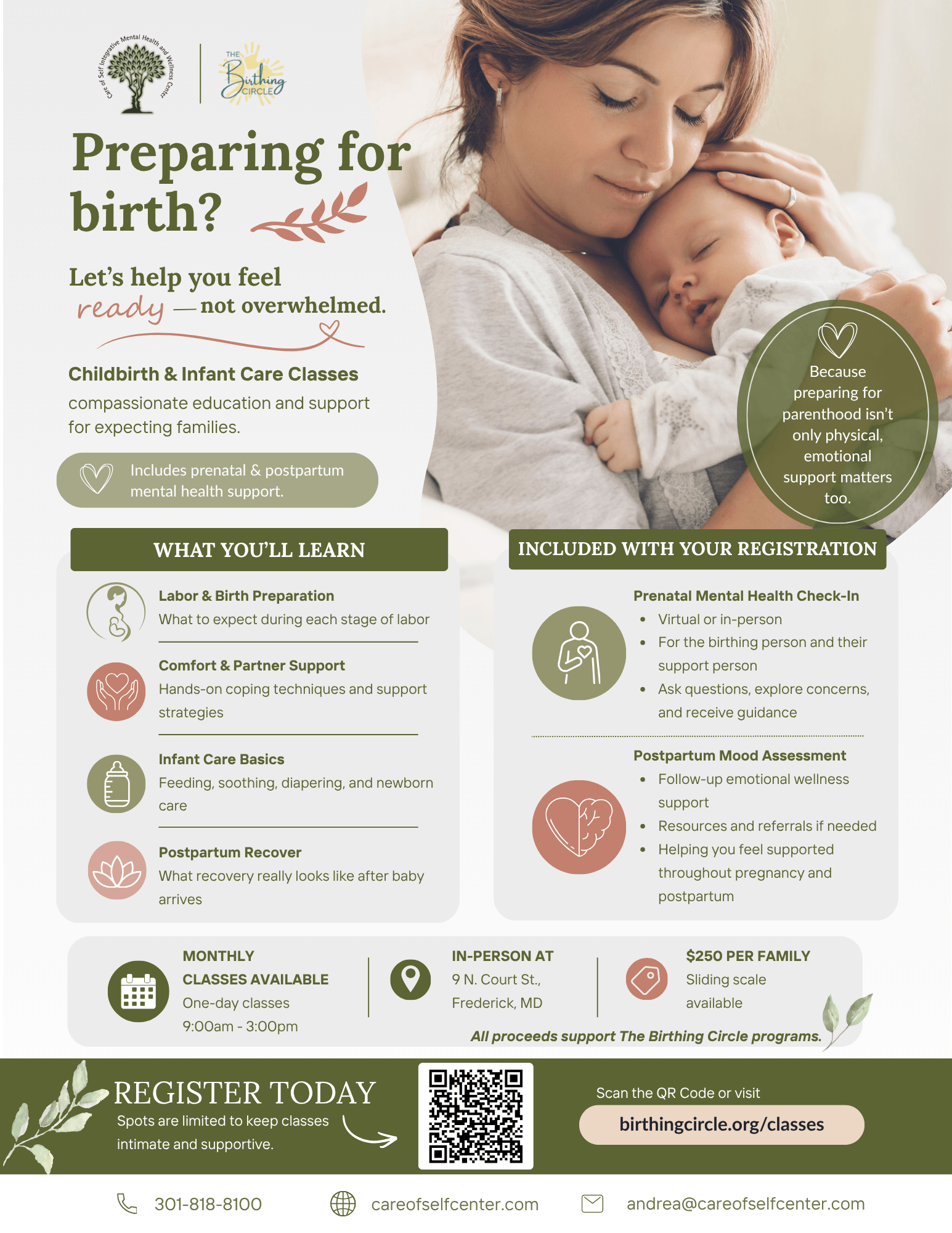 Woman holding a newborn baby, both resting peacefully indoors, with text about childbirth classes and registration details.