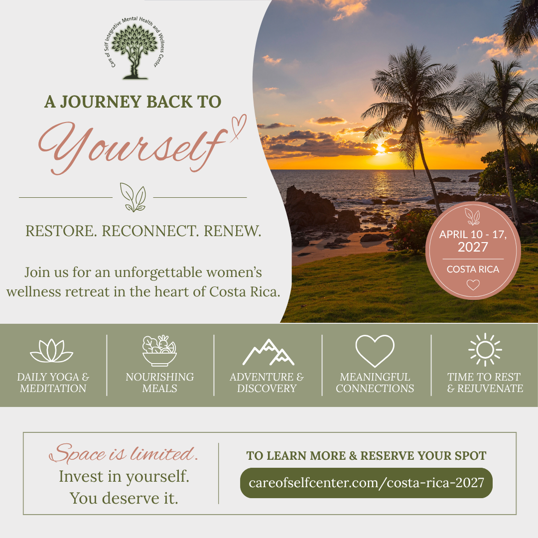 Sunset over palm trees and water with event details for Costa Rica wellness retreat, April 10-17, 2027.