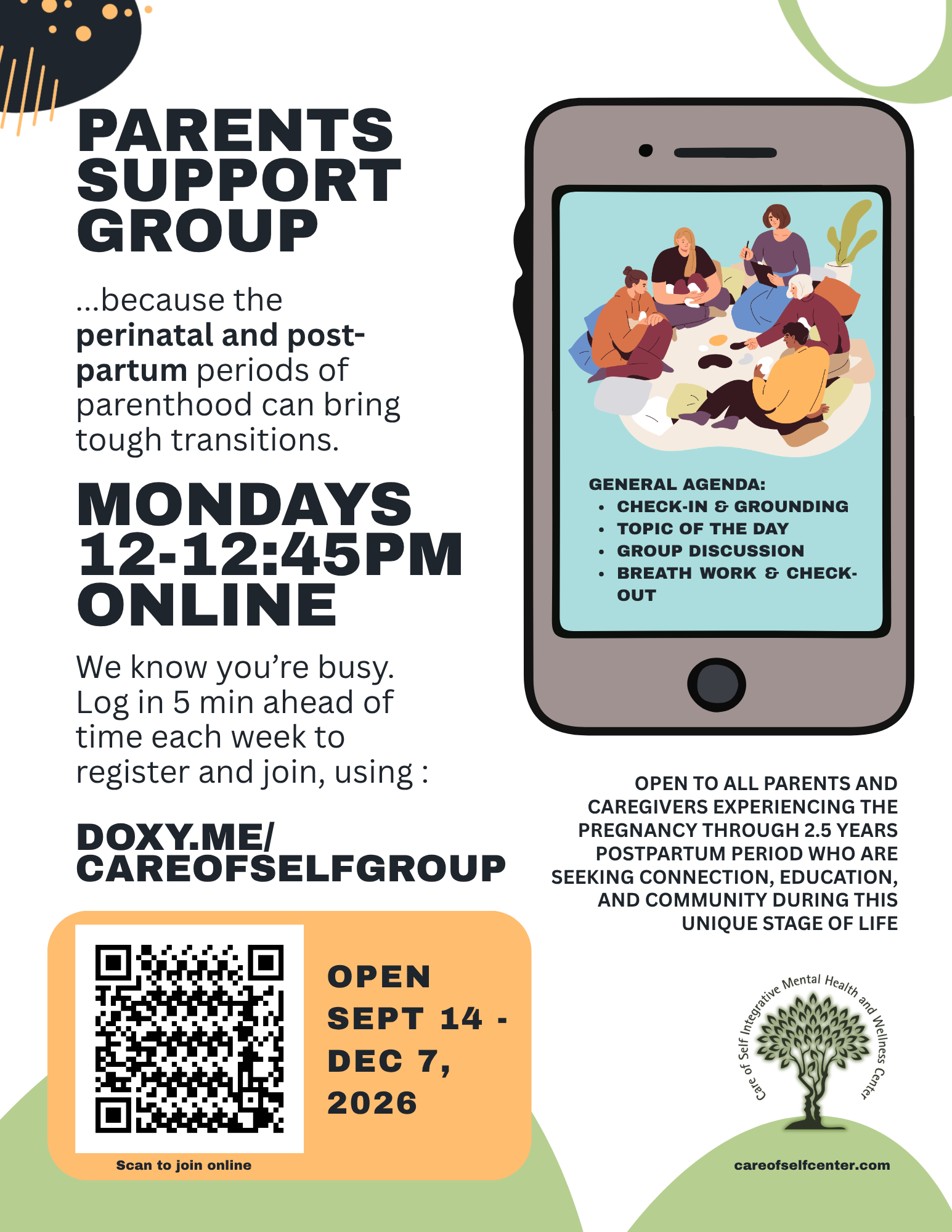 Flyer for online parents support group meeting, showing a phone with a group of people, meeting details, and a QR code.
