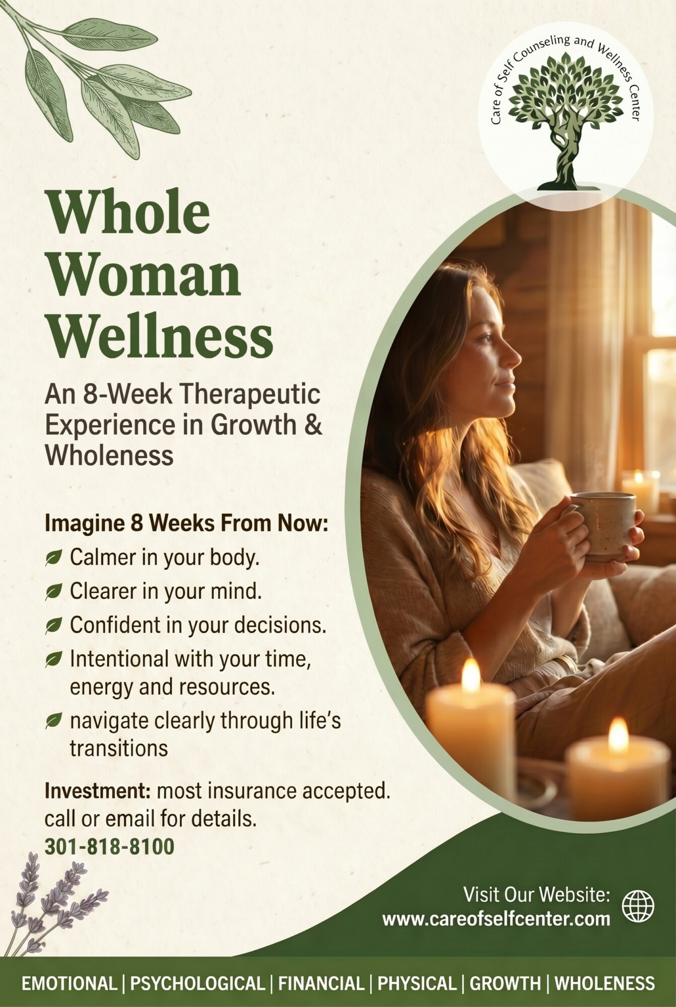 Book cover titled 'Whole Woman Wellness' with a woman holding a cup, candles, and a tree logo, promoting wellness and growth.