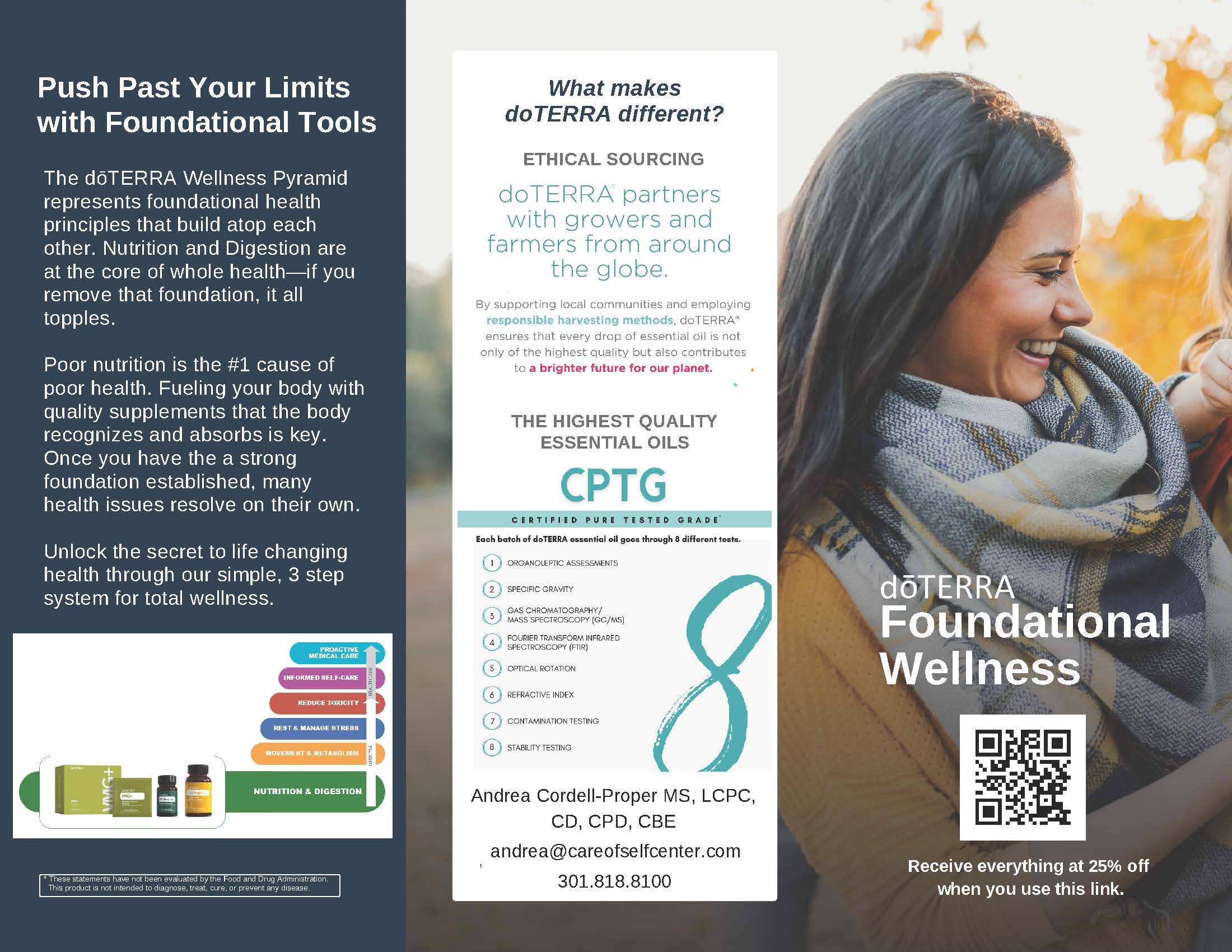 Brochure with information on foundational wellness tools, a smiling woman, and a QR code, divided into three sections with text and images.