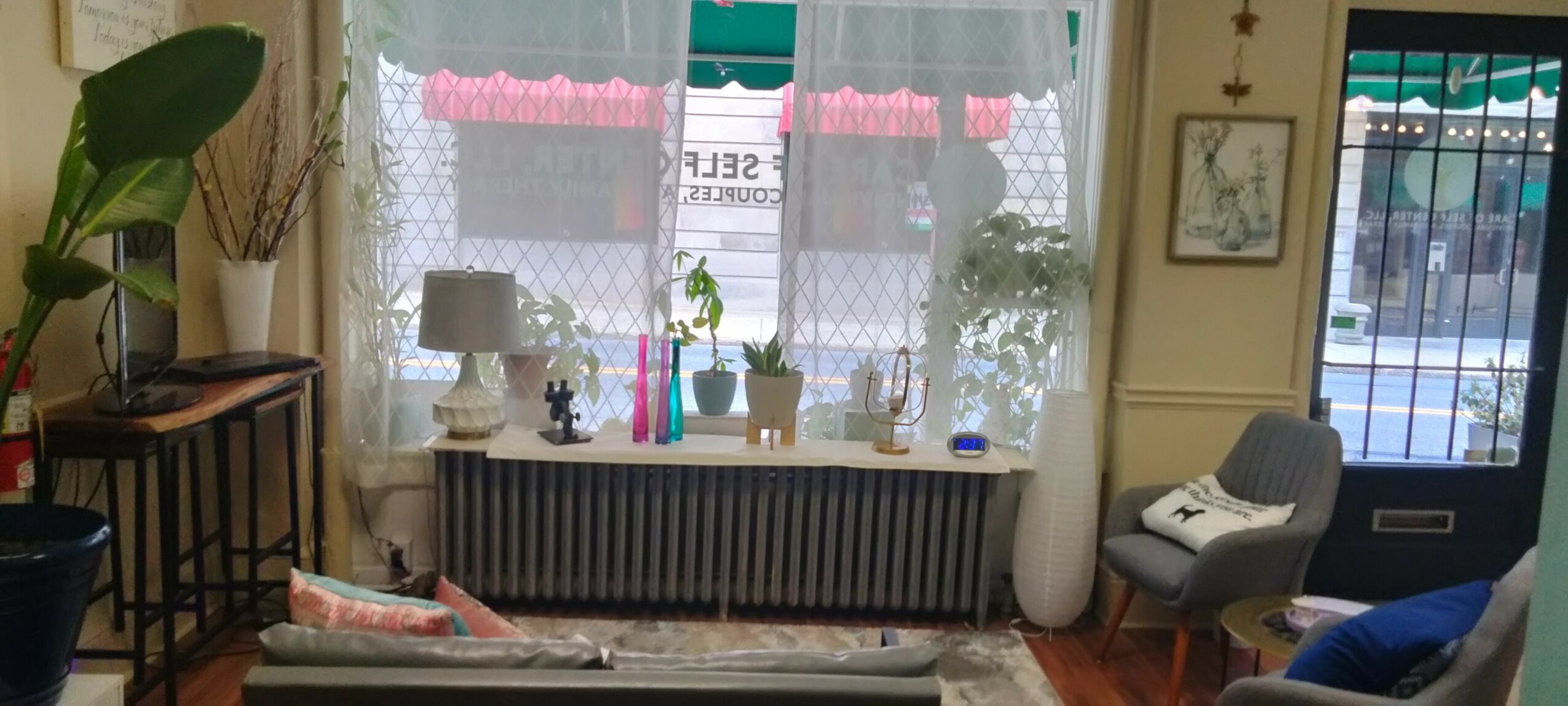 Living room with window, plants, and furniture, including a chair and a sofa, in a cozy setting.