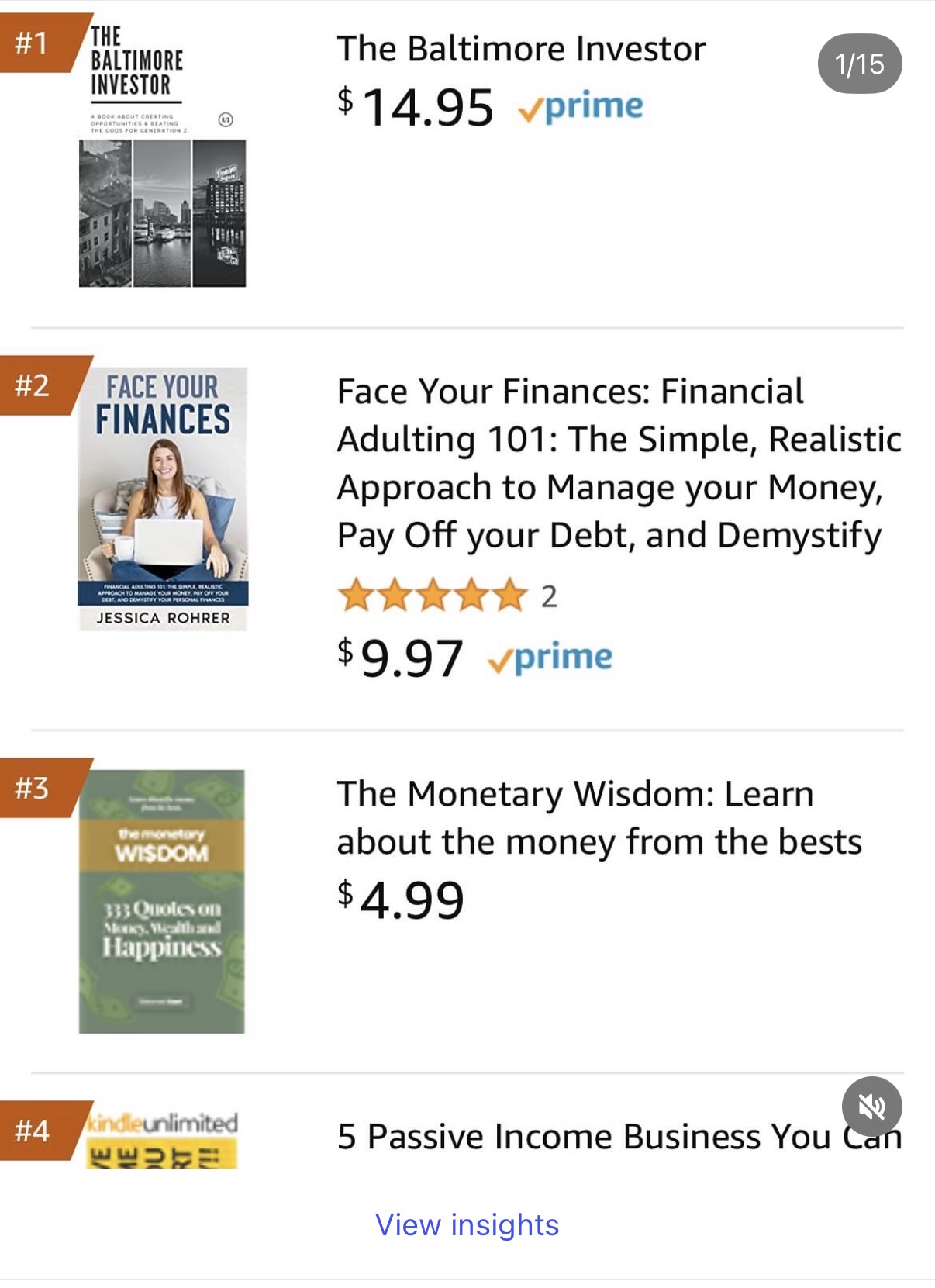 Stack of four books on finance and business topics, numbered 1 to 4, with prices and ratings displayed.