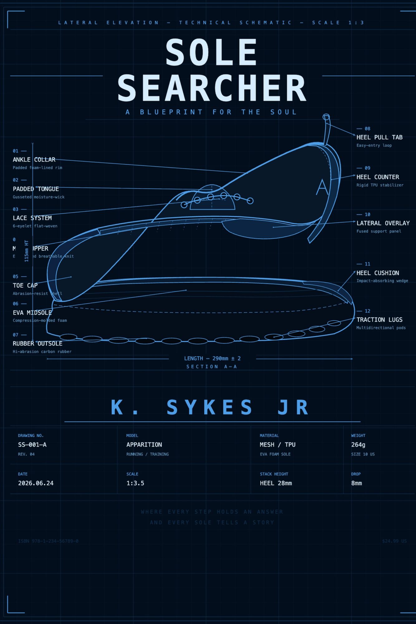 Blueprint-style diagram of a shoe with labels and measurements, titled 'Sole Searcher' by K. Sykes Jr., on a dark background.