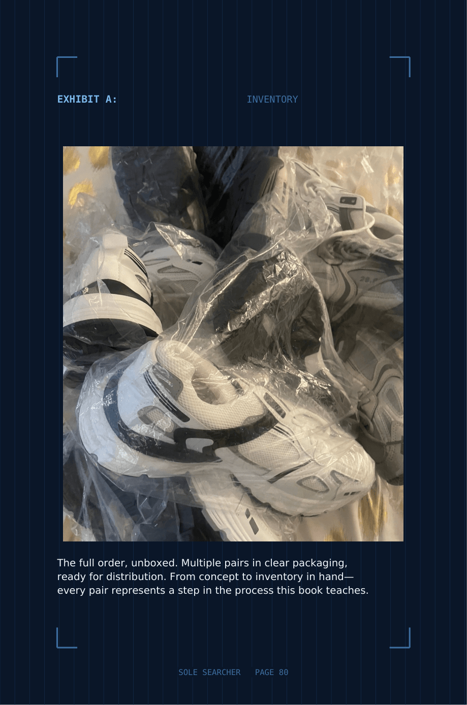 Multiple pairs of white and black sneakers wrapped in plastic, with text about inventory and packaging below.