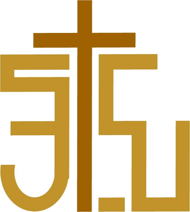 A gold Christian cross with stylized letters on a black background.