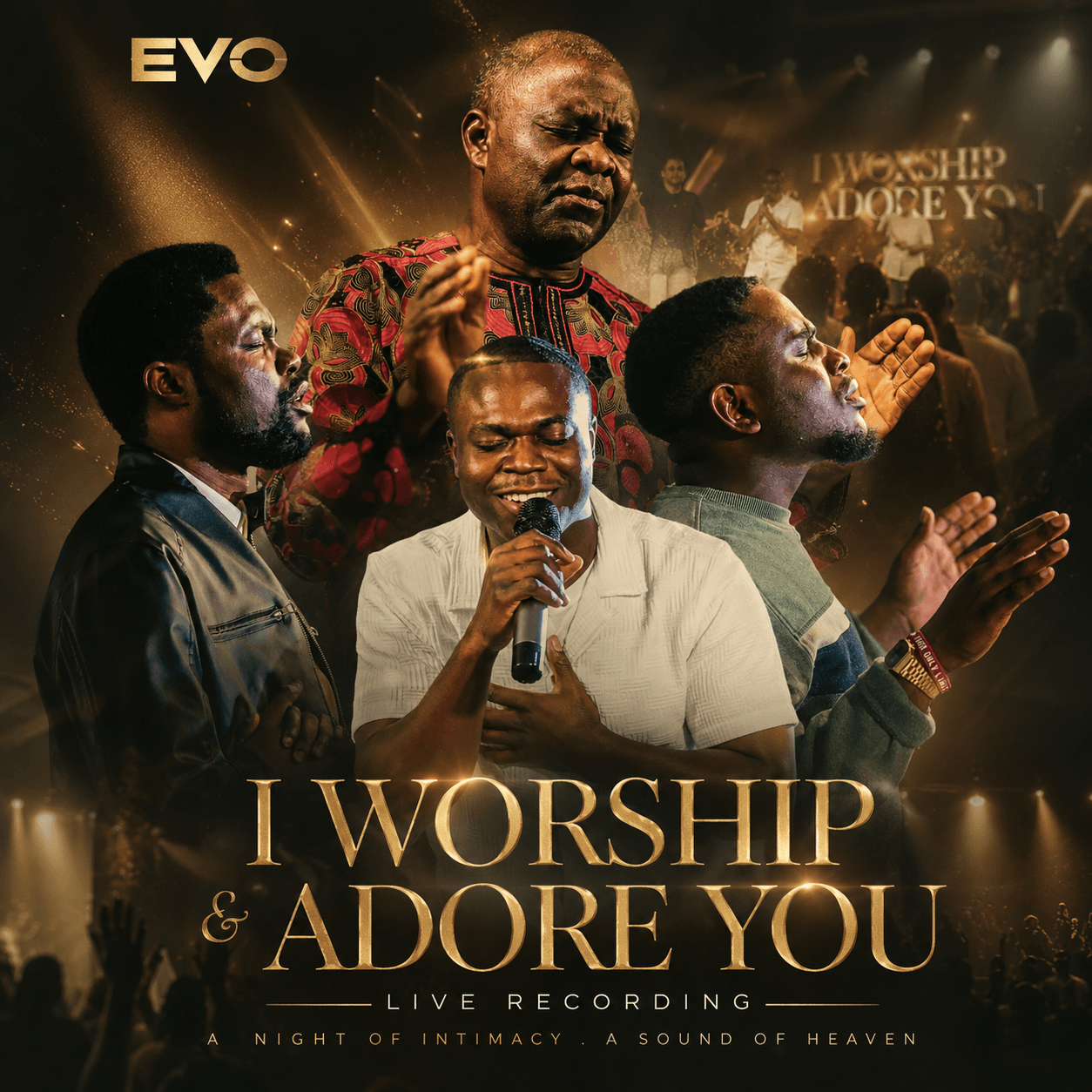 Group of people worshiping with hands raised, woman singing into microphone, stage lights, and a crowd in background.