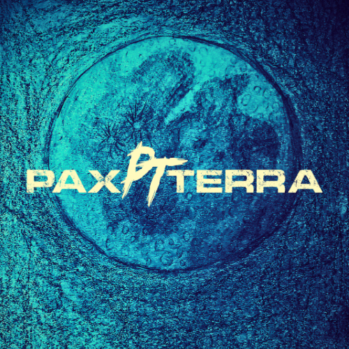 Logo with the words 'PAX TERRA' and a lightning bolt symbol in the center, on a textured blue background.