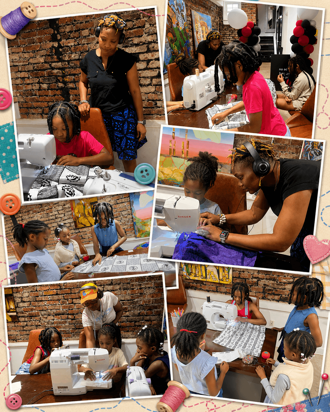 Group of children and adults sewing and working on fabric projects in a room with brick walls and colorful decorations.