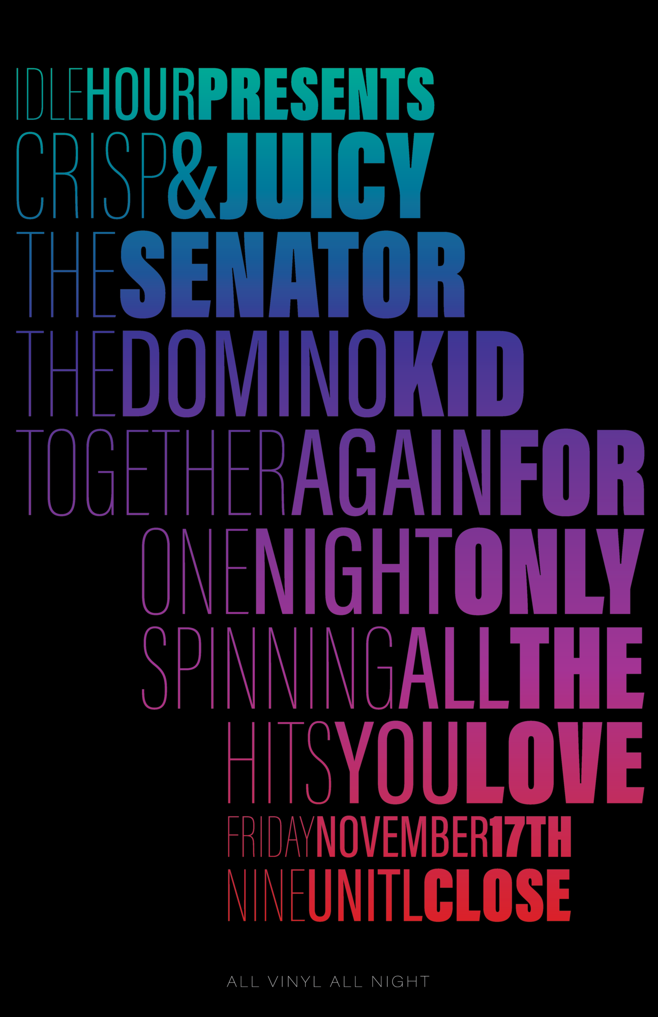 Text-based poster with colorful words promoting an event on November 17th, 2023, including names and phrases in various colors.