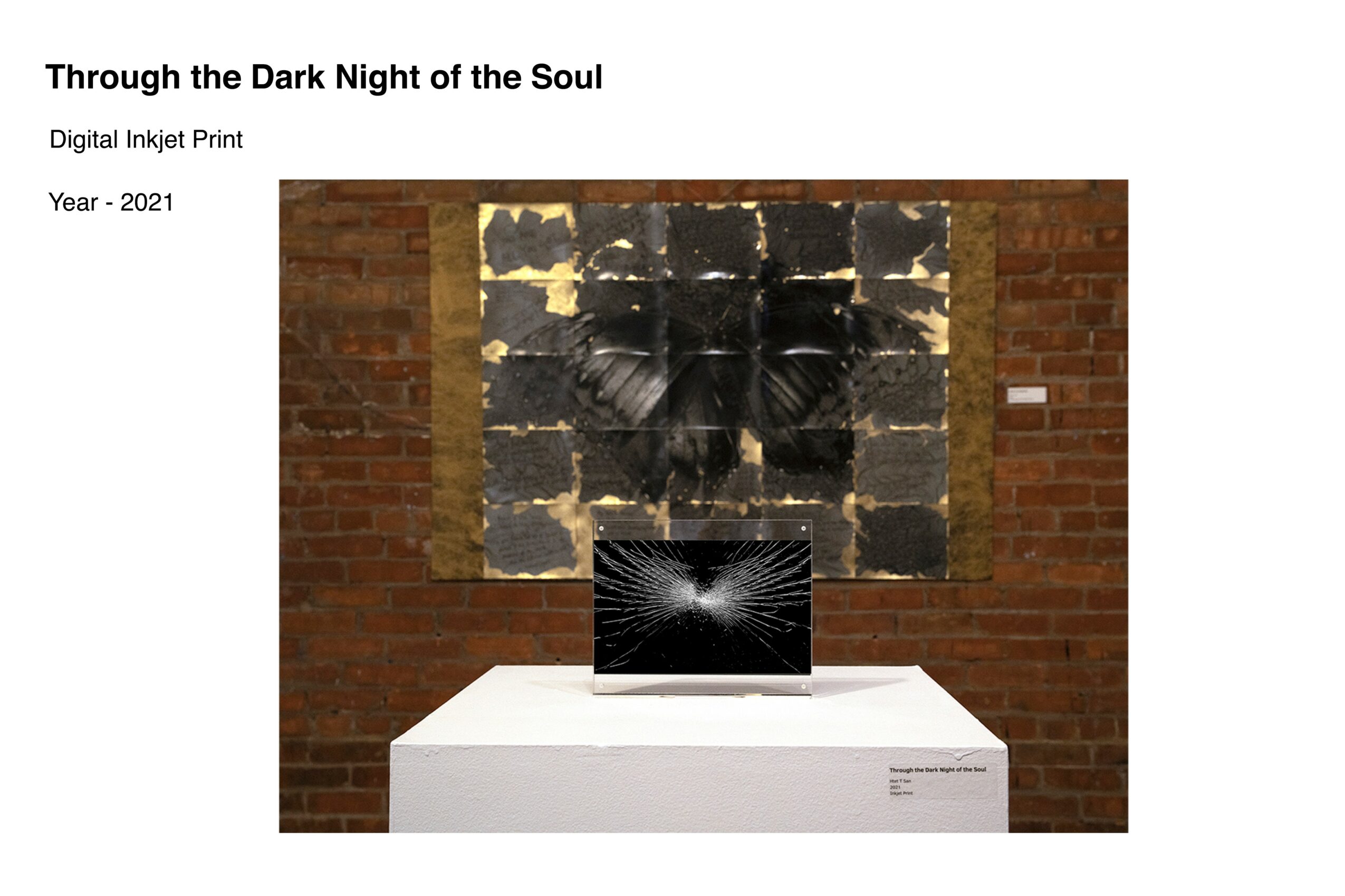 Artwork featuring a dark butterfly with broken glass effect, displayed on a white pedestal against a brick wall, titled 'Through the Dark Night of the Soul'.