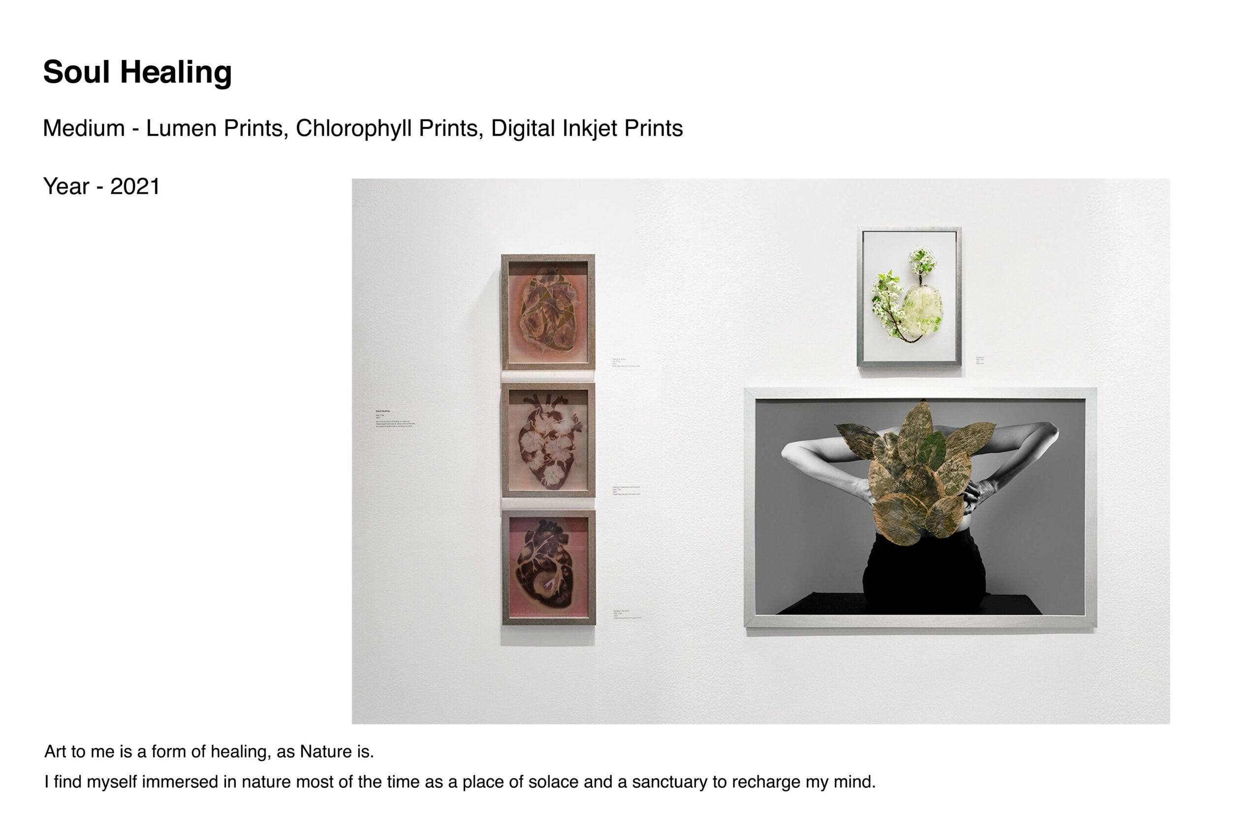 Gallery wall with framed artwork and a person with a tiger mask in a display case, white background, minimal decor.