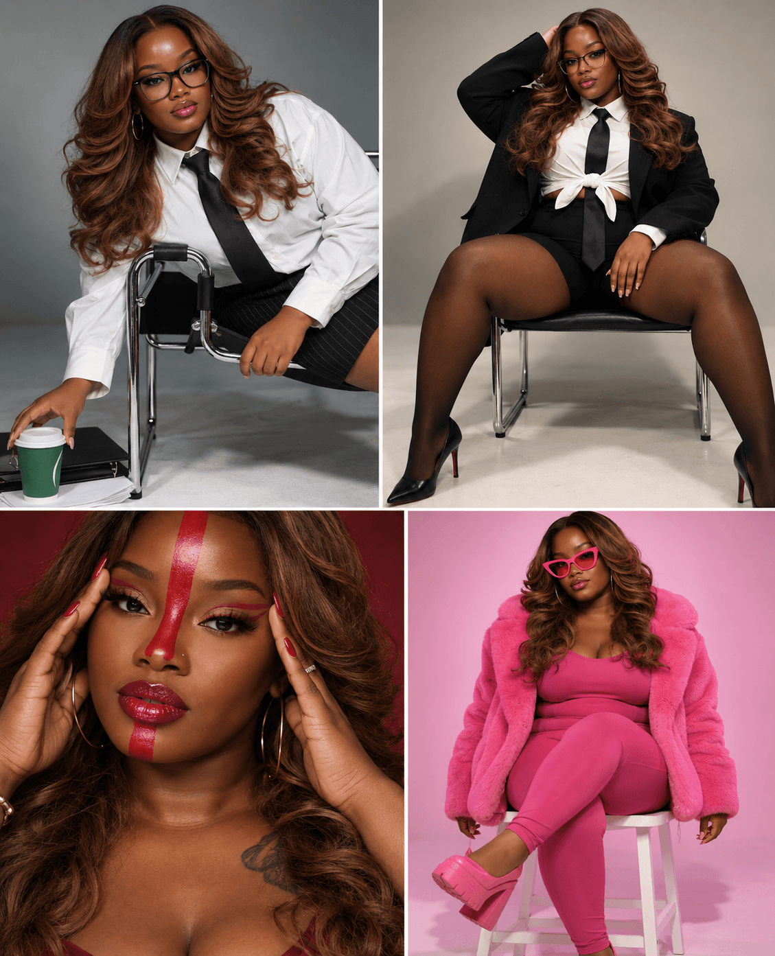 Four women in different outfits and poses, two seated, one with pink background, one with gray background.