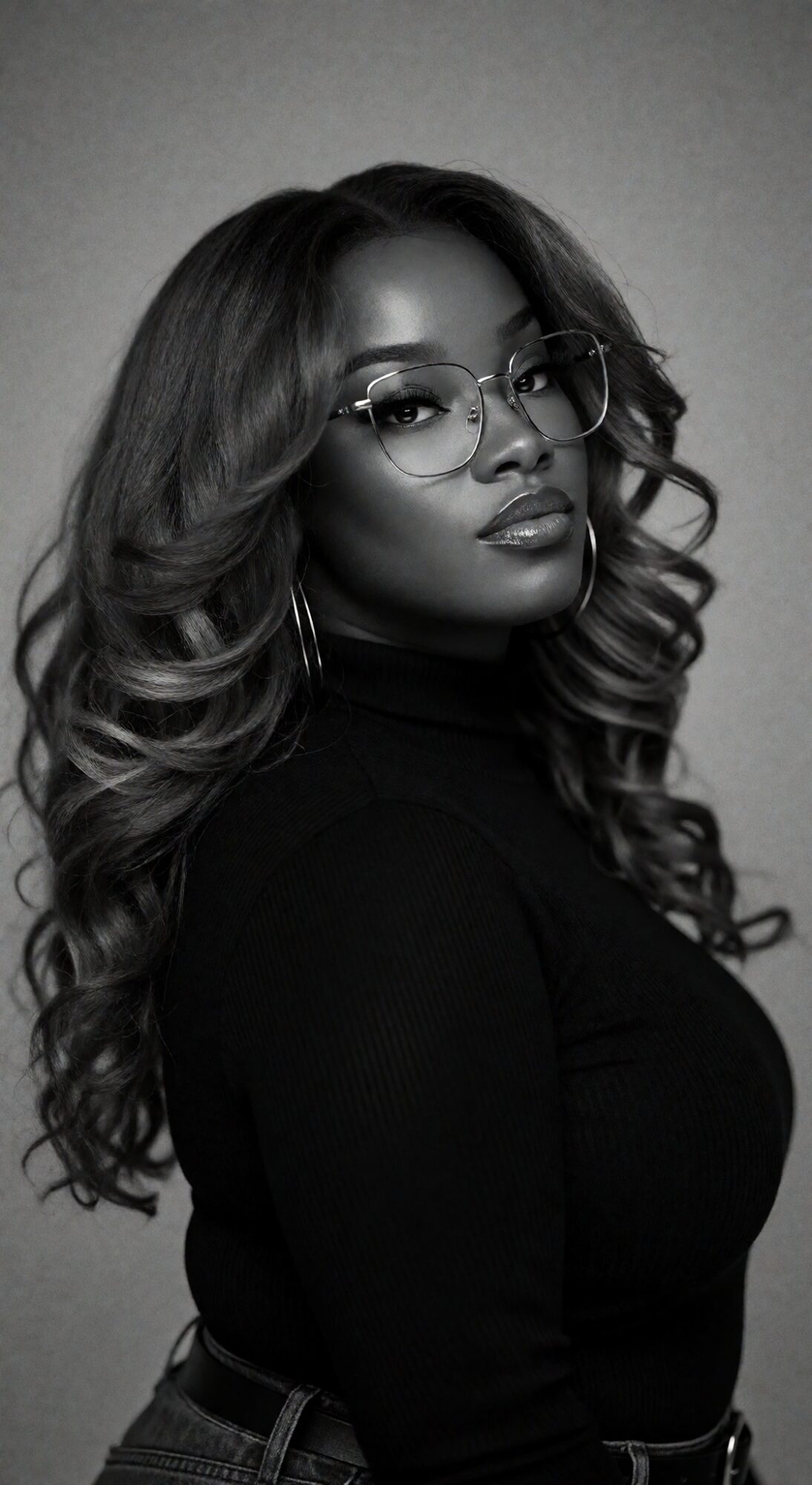 Woman with long wavy hair, glasses, and hoop earrings, wearing a black top, looking at the camera.