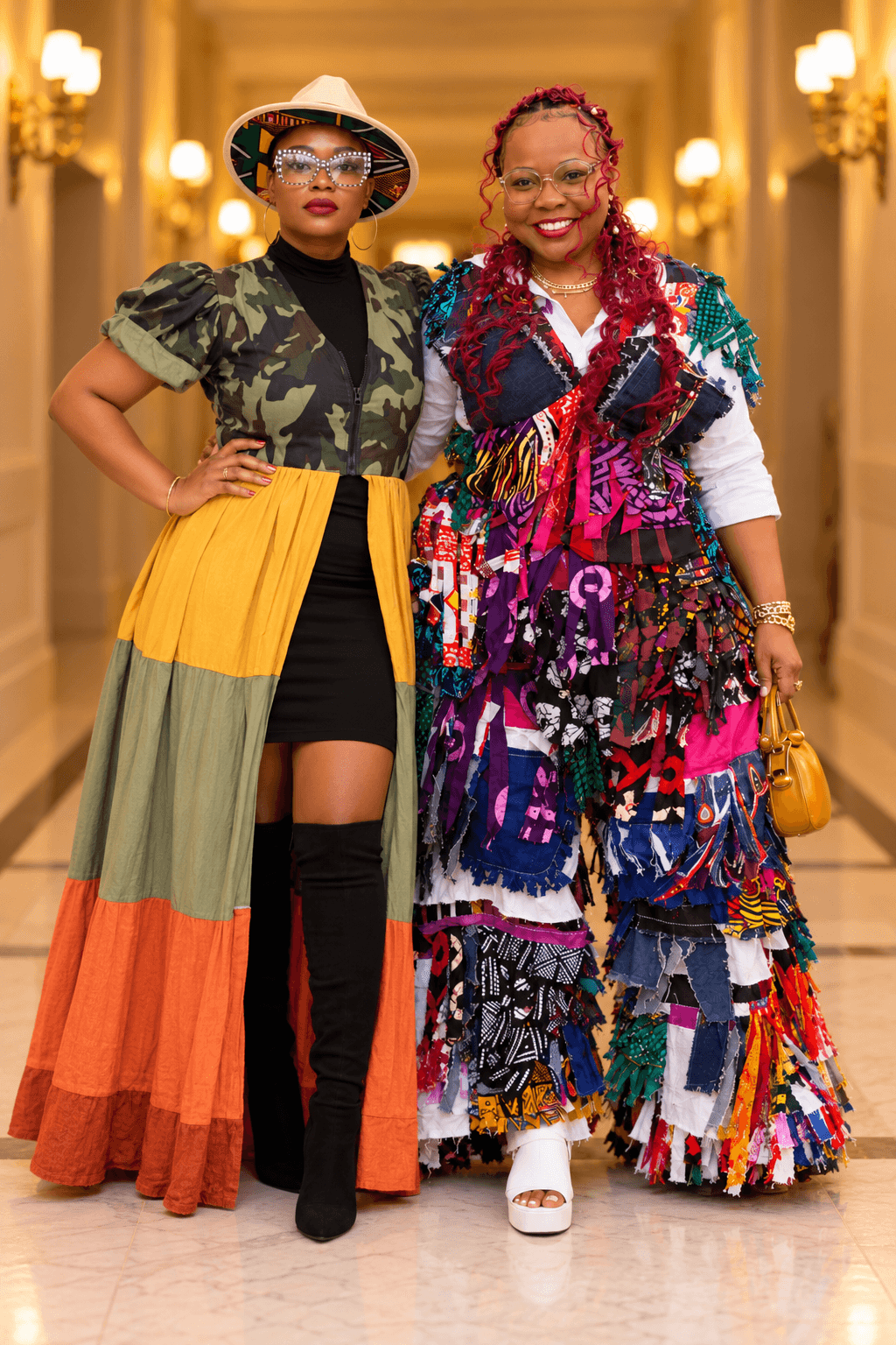 Two women standing in a luxurious hallway, one in a colorful patchwork dress and the other in a camouflage top with a long multicolored skirt, smiling.