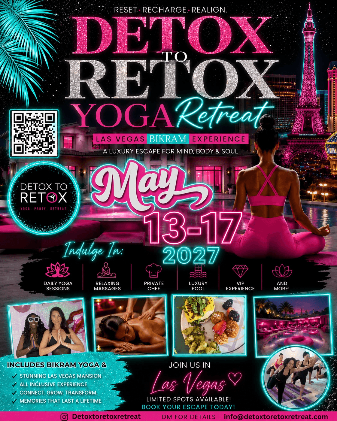 Event poster for detox retreat in Las Vegas, featuring a woman practicing yoga with city lights in background, dates May 13-17, 2027.