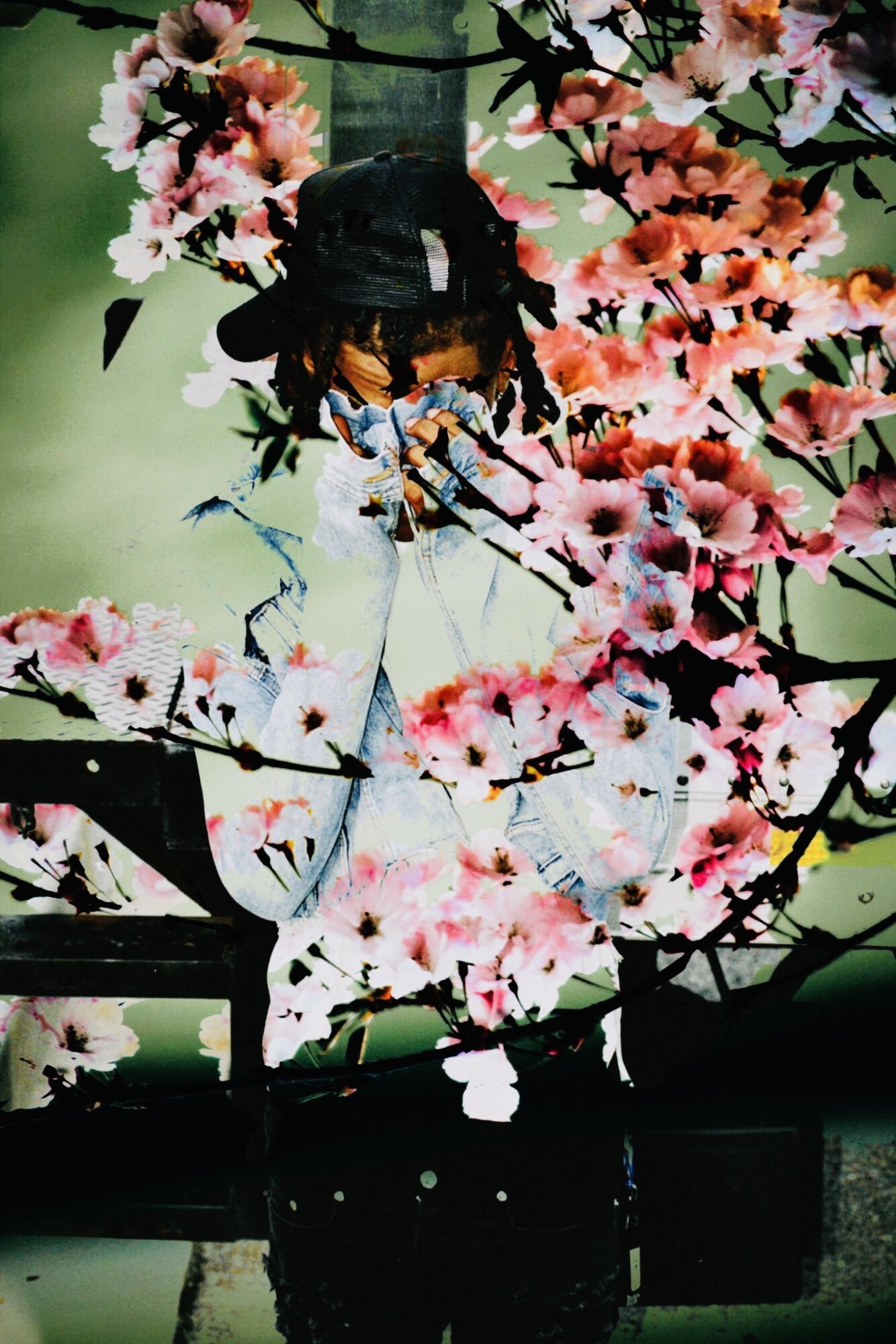 Person in a floral dress and hat standing among pink cherry blossoms, with a green background.