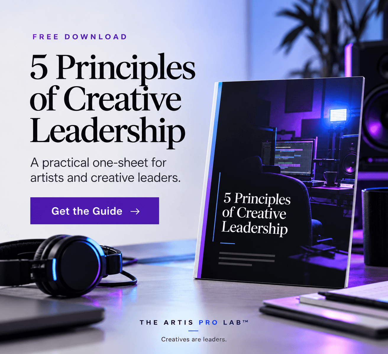 Cover of a guide titled '5 Principles of Creative Leadership' with a laptop, headphones, and a plant in a modern workspace.