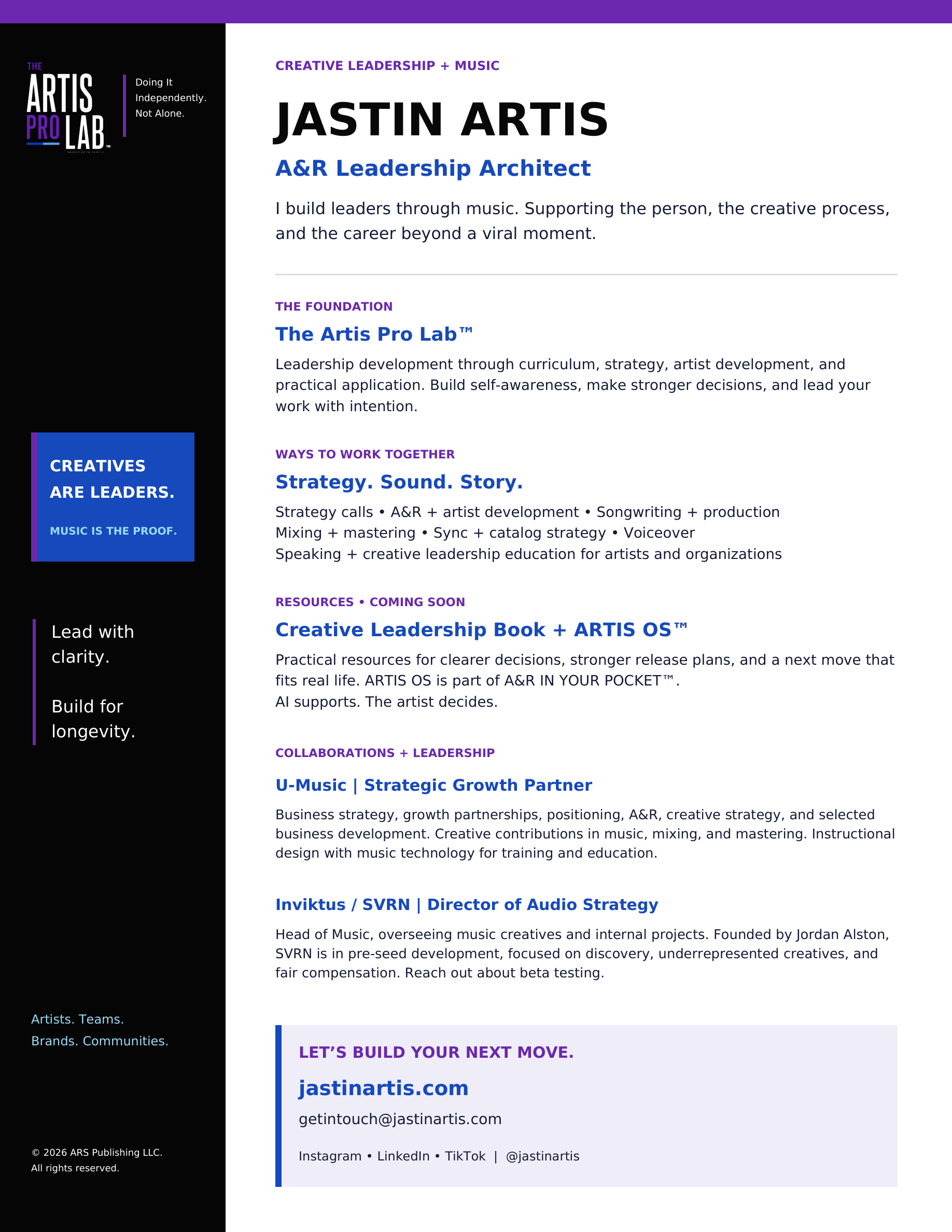 Business card for Jasin Artis, Architect and Leadership Coach, with contact details and social media links.