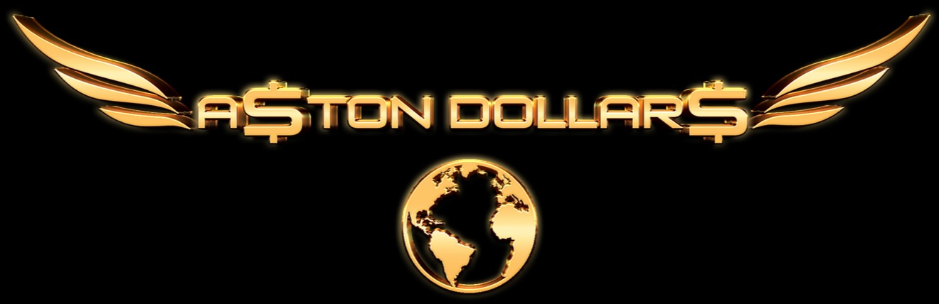 Logo with text 'Aston Dollars', wings, and a globe in the center, on a black background.