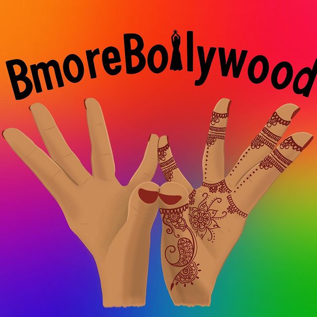 Two hands with henna designs holding a sign that says 'BmoreBollywood' against a rainbow gradient background.