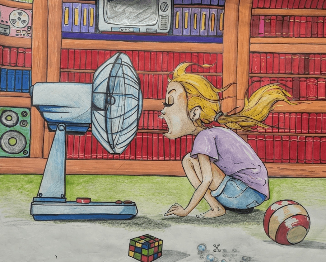 Girl with blonde hair kneels in front of a fan, with a Rubik's cube and ball nearby, in a room with bookshelves.