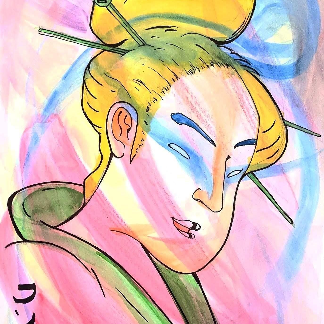 Colorful abstract portrait of a woman with hair styled in a bun, surrounded by vibrant brushstrokes and lines.