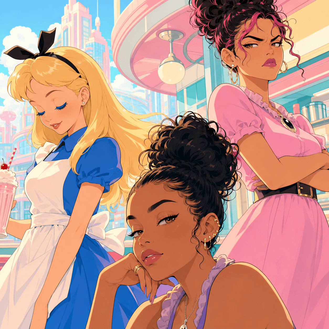 Three stylish women in colorful outfits stand in a vibrant cityscape with tall buildings and bright sky.