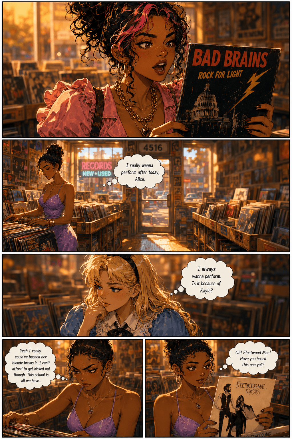 Four panels of women browsing a bookstore, one reading a book titled 'Bad Brains,' with speech bubbles and a store interior background.