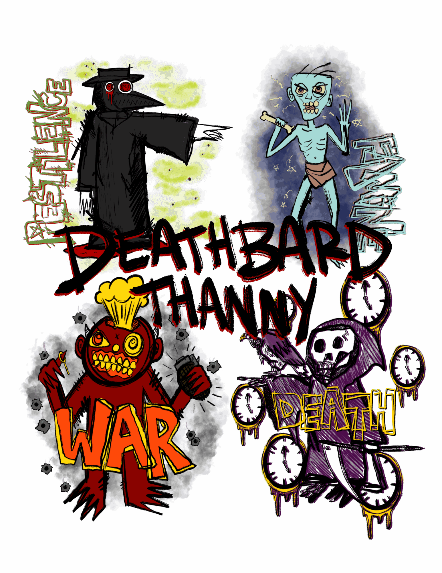 Four cartoon characters with words: 'Fearless', 'Death', 'War', and 'Death' with clocks and skulls, colorful and spooky style.